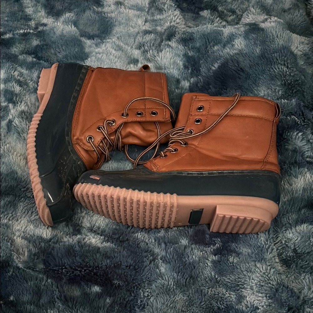 Brown and Blue Winter Rain Boots with Rugged Tread